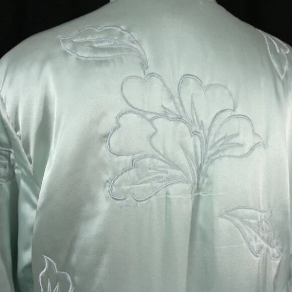 Vintage Natori Satin Floral Embroidered Full Length Winter Robe Lounge Blue M - Picture 11 of 14